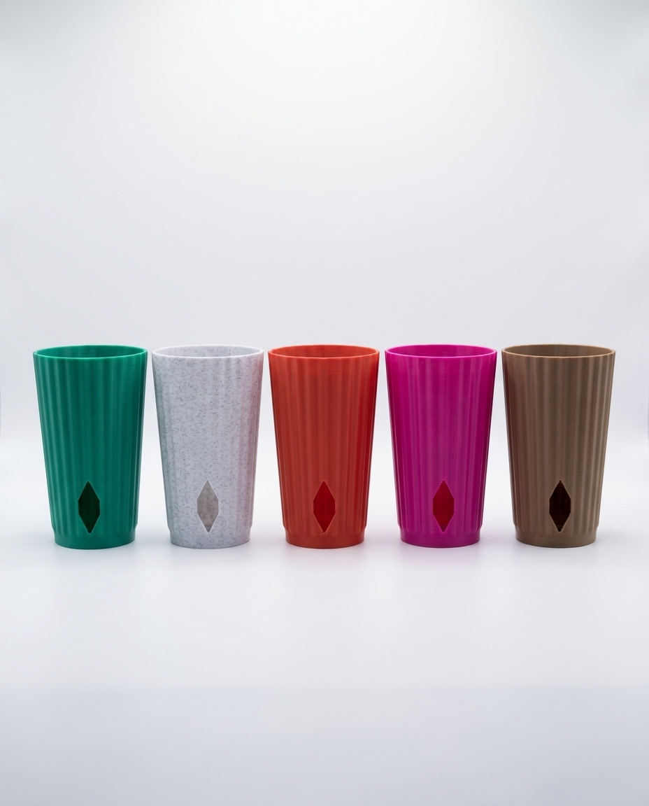 Five cover pots in emerald, speckled white, terracotta, orchid, and clay
